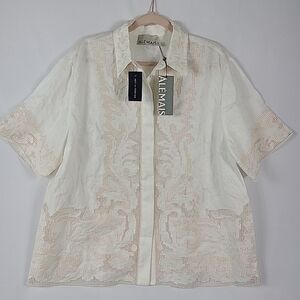 ALEMAIS Women's Pegasus Embroidered Short Sleeve Button Down Shirt Sz 10 US